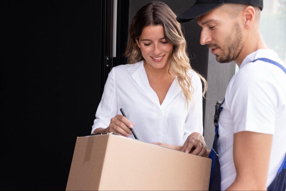 Mulher branca vestida com uma camisa branca, sorri enquanto assina um papel de entrega de encomenda. Enquanto isso, o entregador, representado por um homem branco, segura a caixa com o produto.